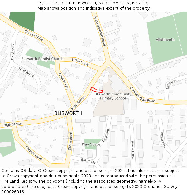 5, HIGH STREET, BLISWORTH, NORTHAMPTON, NN7 3BJ: Location map and indicative extent of plot