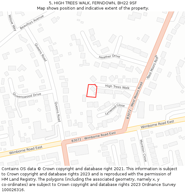 5, HIGH TREES WALK, FERNDOWN, BH22 9SF: Location map and indicative extent of plot