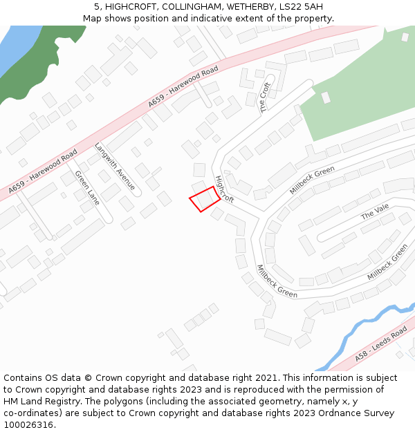 5, HIGHCROFT, COLLINGHAM, WETHERBY, LS22 5AH: Location map and indicative extent of plot