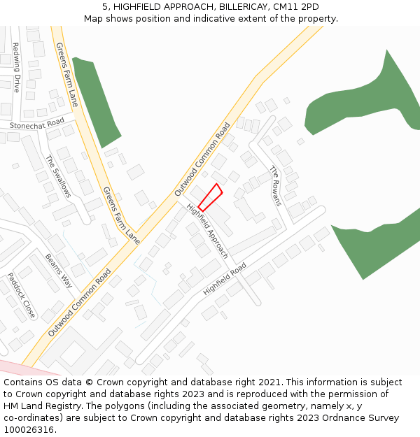 5, HIGHFIELD APPROACH, BILLERICAY, CM11 2PD: Location map and indicative extent of plot