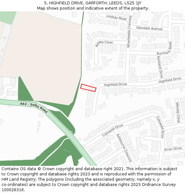 5, HIGHFIELD DRIVE, GARFORTH, LEEDS, LS25 1JY: Location map and indicative extent of plot