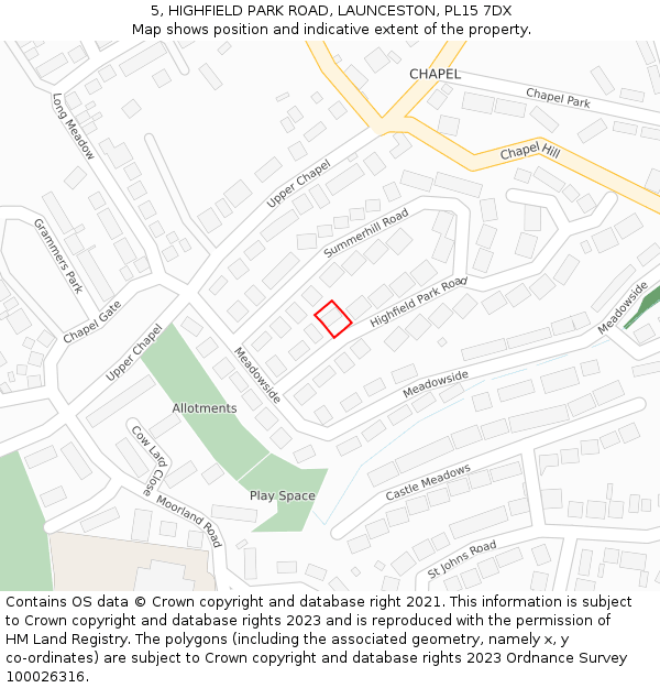 5, HIGHFIELD PARK ROAD, LAUNCESTON, PL15 7DX: Location map and indicative extent of plot