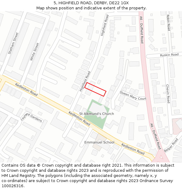 5, HIGHFIELD ROAD, DERBY, DE22 1GX: Location map and indicative extent of plot