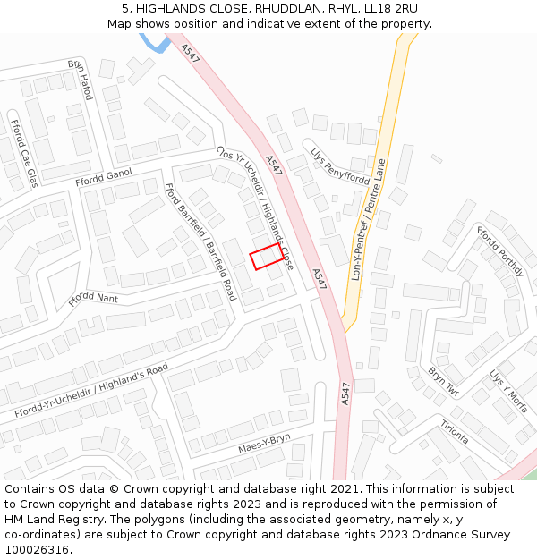 5, HIGHLANDS CLOSE, RHUDDLAN, RHYL, LL18 2RU: Location map and indicative extent of plot