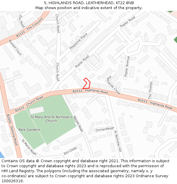 5, HIGHLANDS ROAD, LEATHERHEAD, KT22 8NB: Location map and indicative extent of plot