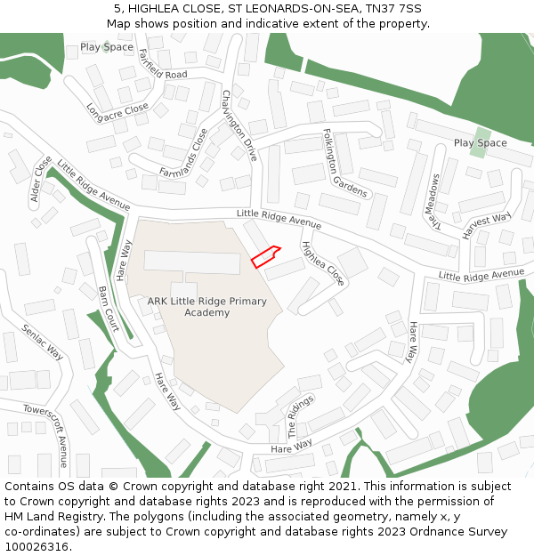 5, HIGHLEA CLOSE, ST LEONARDS-ON-SEA, TN37 7SS: Location map and indicative extent of plot