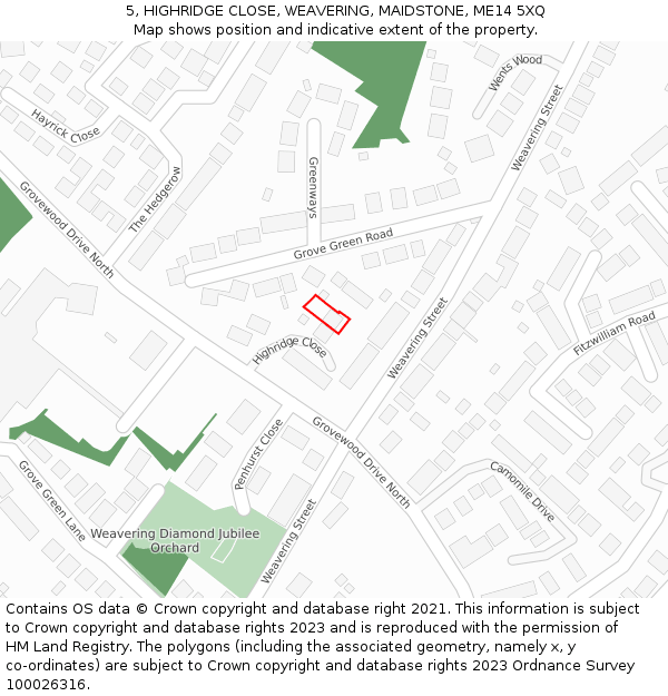 5, HIGHRIDGE CLOSE, WEAVERING, MAIDSTONE, ME14 5XQ: Location map and indicative extent of plot