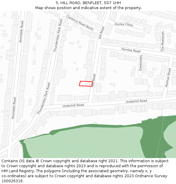 5, HILL ROAD, BENFLEET, SS7 1HH: Location map and indicative extent of plot