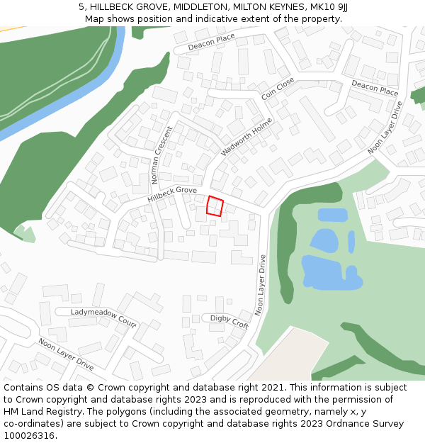 5, HILLBECK GROVE, MIDDLETON, MILTON KEYNES, MK10 9JJ: Location map and indicative extent of plot