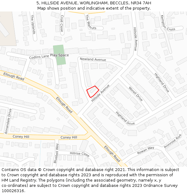 5, HILLSIDE AVENUE, WORLINGHAM, BECCLES, NR34 7AH: Location map and indicative extent of plot