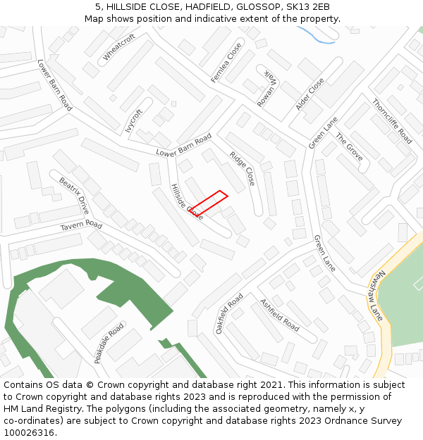 5, HILLSIDE CLOSE, HADFIELD, GLOSSOP, SK13 2EB: Location map and indicative extent of plot