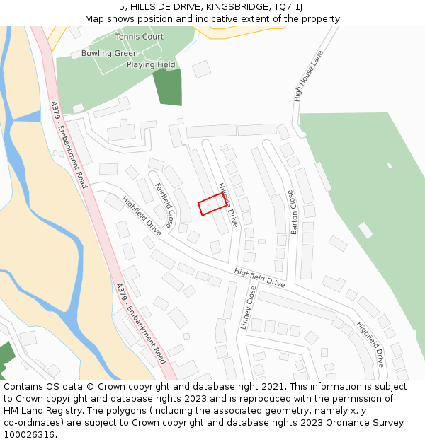 5, HILLSIDE DRIVE, KINGSBRIDGE, TQ7 1JT: Location map and indicative extent of plot