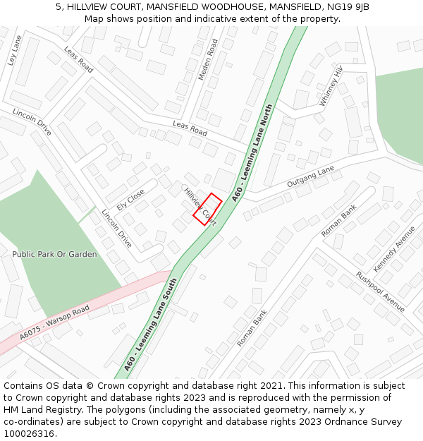 5, HILLVIEW COURT, MANSFIELD WOODHOUSE, MANSFIELD, NG19 9JB: Location map and indicative extent of plot