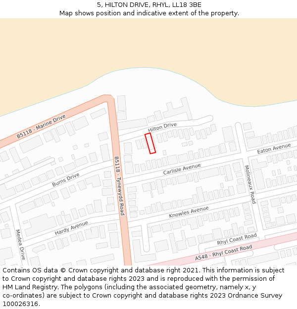 5, HILTON DRIVE, RHYL, LL18 3BE: Location map and indicative extent of plot