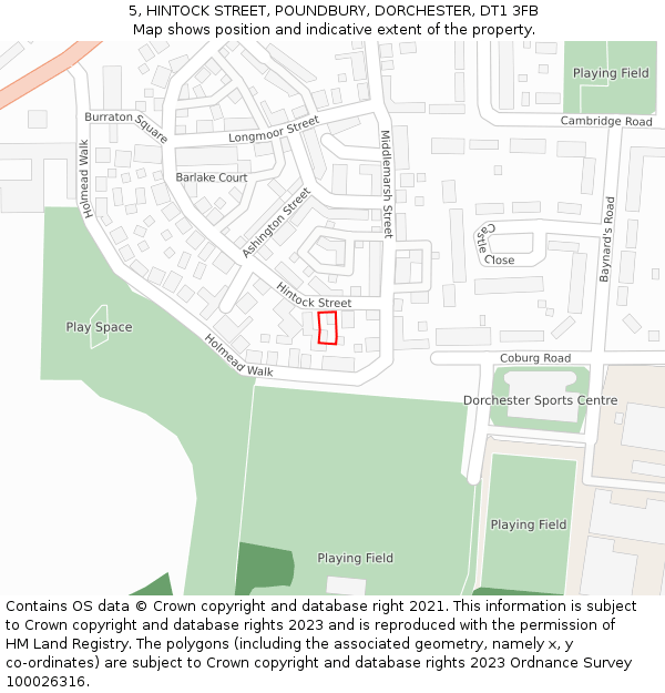 5, HINTOCK STREET, POUNDBURY, DORCHESTER, DT1 3FB: Location map and indicative extent of plot