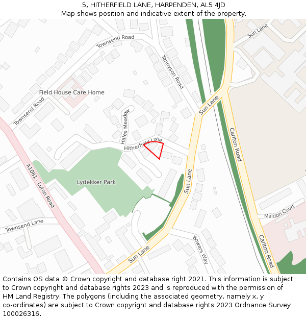 5, HITHERFIELD LANE, HARPENDEN, AL5 4JD: Location map and indicative extent of plot