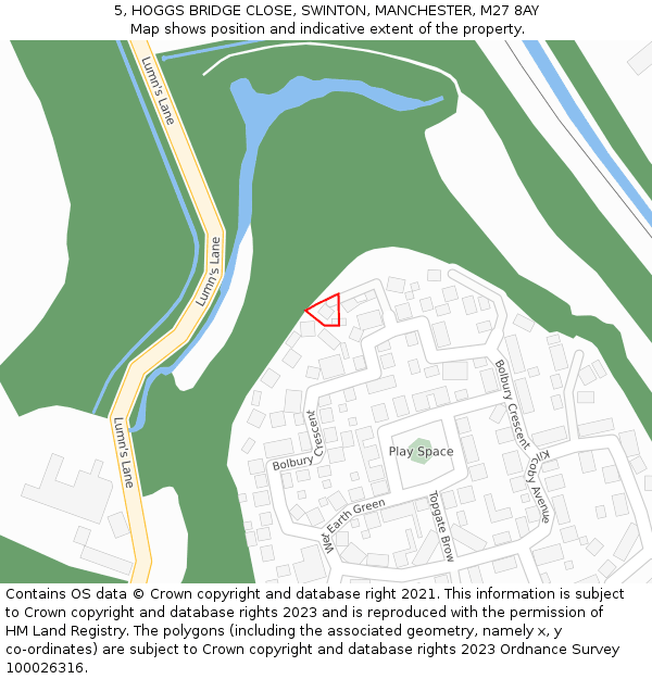 5, HOGGS BRIDGE CLOSE, SWINTON, MANCHESTER, M27 8AY: Location map and indicative extent of plot