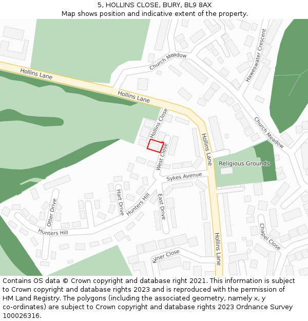 5, HOLLINS CLOSE, BURY, BL9 8AX: Location map and indicative extent of plot