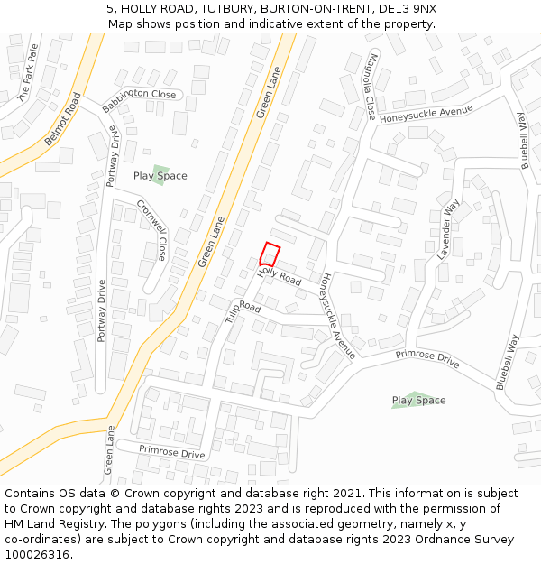 5, HOLLY ROAD, TUTBURY, BURTON-ON-TRENT, DE13 9NX: Location map and indicative extent of plot