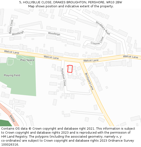 5, HOLLYBLUE CLOSE, DRAKES BROUGHTON, PERSHORE, WR10 2BW: Location map and indicative extent of plot
