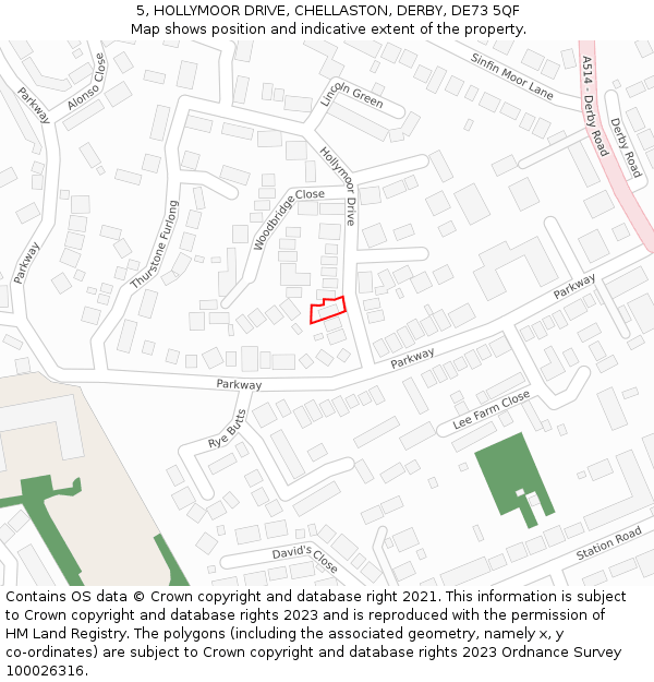 5, HOLLYMOOR DRIVE, CHELLASTON, DERBY, DE73 5QF: Location map and indicative extent of plot