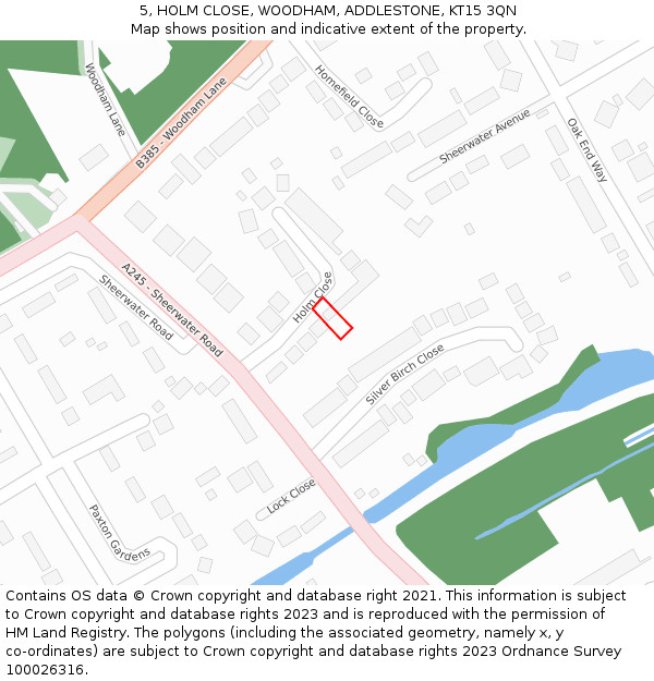 5, HOLM CLOSE, WOODHAM, ADDLESTONE, KT15 3QN: Location map and indicative extent of plot