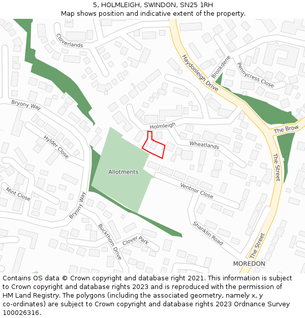 5, HOLMLEIGH, SWINDON, SN25 1RH: Location map and indicative extent of plot