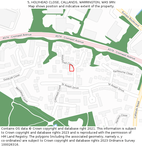 5, HOLYHEAD CLOSE, CALLANDS, WARRINGTON, WA5 9RN: Location map and indicative extent of plot