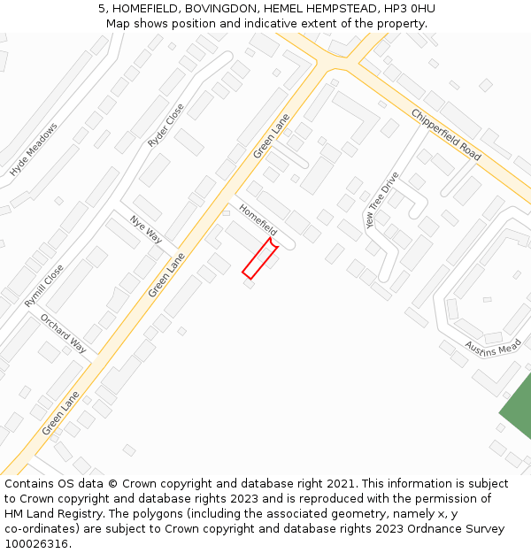 5, HOMEFIELD, BOVINGDON, HEMEL HEMPSTEAD, HP3 0HU: Location map and indicative extent of plot