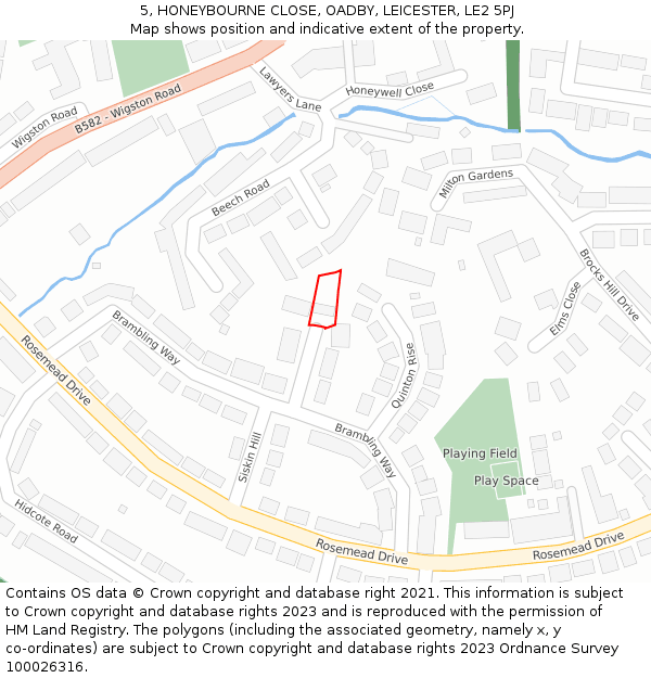 5, HONEYBOURNE CLOSE, OADBY, LEICESTER, LE2 5PJ: Location map and indicative extent of plot