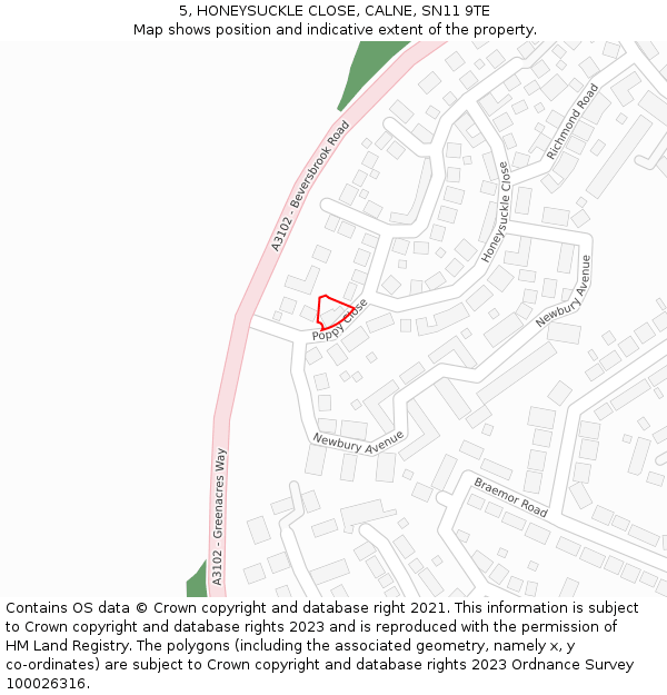 5, HONEYSUCKLE CLOSE, CALNE, SN11 9TE: Location map and indicative extent of plot