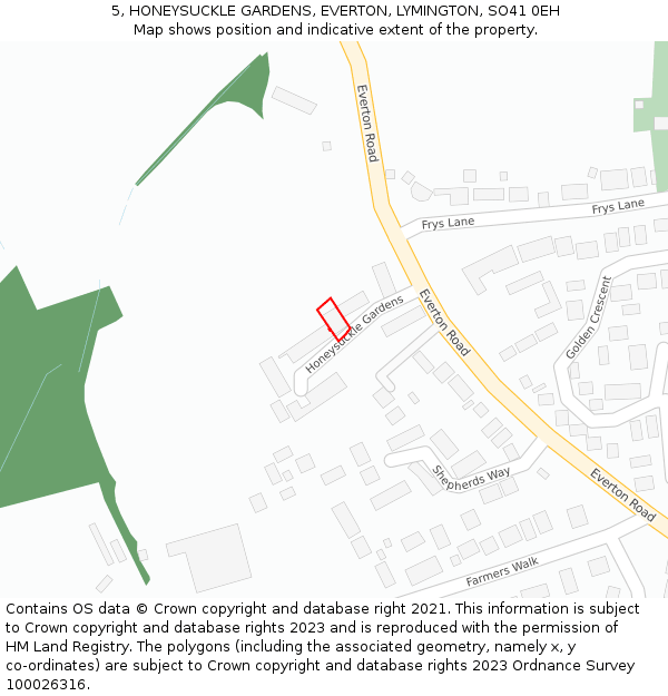 5, HONEYSUCKLE GARDENS, EVERTON, LYMINGTON, SO41 0EH: Location map and indicative extent of plot