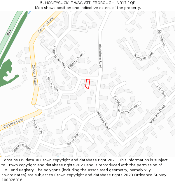 5, HONEYSUCKLE WAY, ATTLEBOROUGH, NR17 1QP: Location map and indicative extent of plot