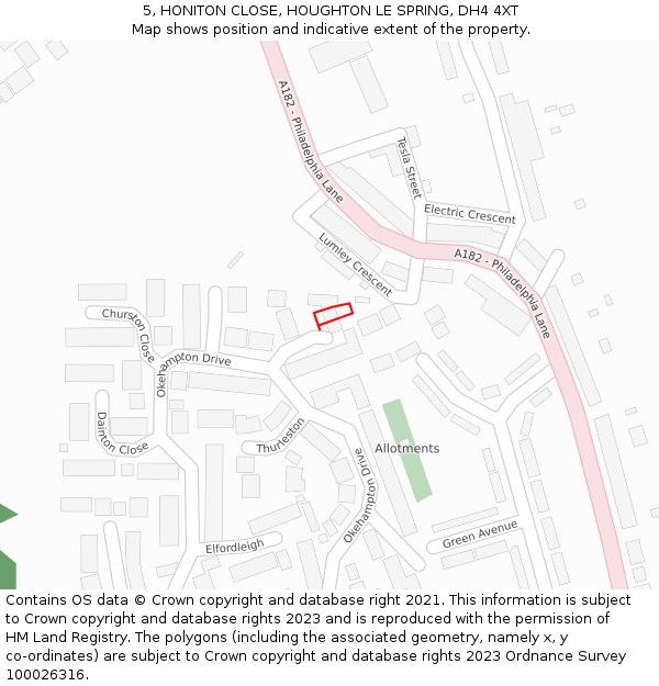 5, HONITON CLOSE, HOUGHTON LE SPRING, DH4 4XT: Location map and indicative extent of plot