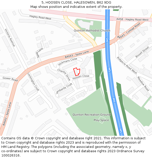 5, HOOSEN CLOSE, HALESOWEN, B62 9DG: Location map and indicative extent of plot