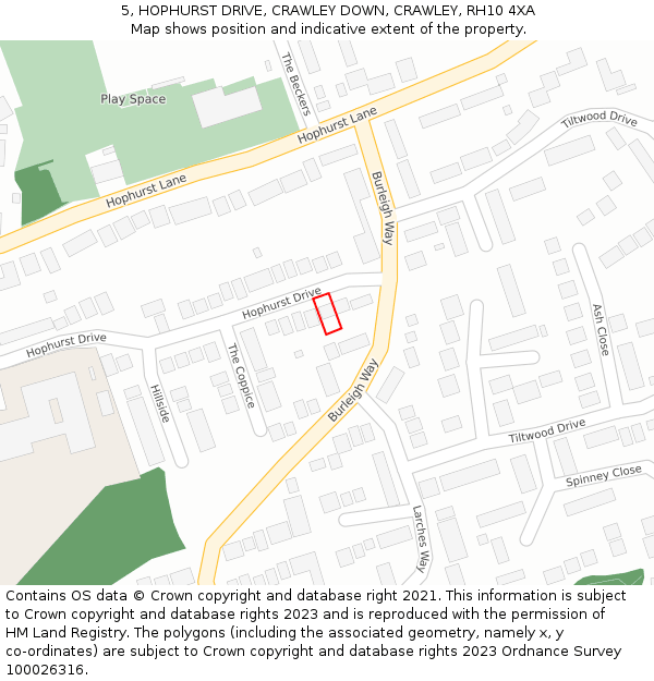 5, HOPHURST DRIVE, CRAWLEY DOWN, CRAWLEY, RH10 4XA: Location map and indicative extent of plot