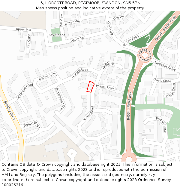 5, HORCOTT ROAD, PEATMOOR, SWINDON, SN5 5BN: Location map and indicative extent of plot