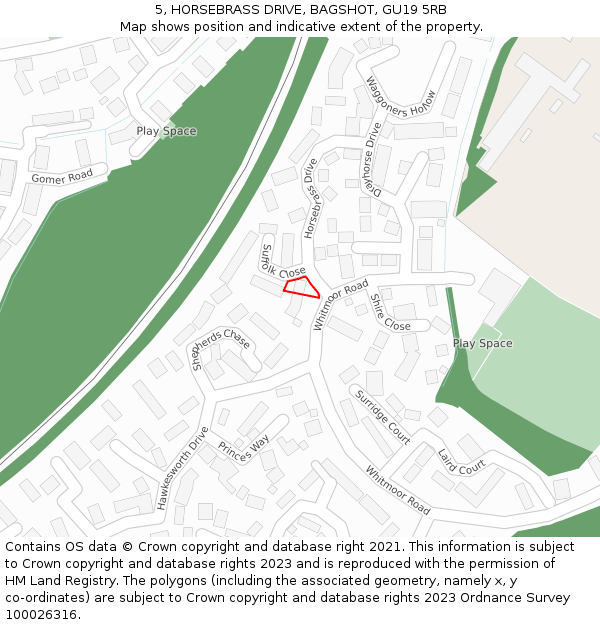 5, HORSEBRASS DRIVE, BAGSHOT, GU19 5RB: Location map and indicative extent of plot