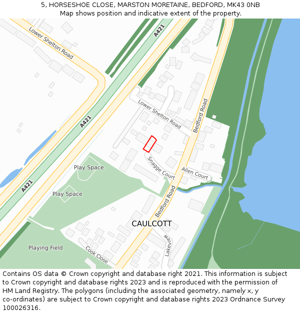 5, HORSESHOE CLOSE, MARSTON MORETAINE, BEDFORD, MK43 0NB: Location map and indicative extent of plot