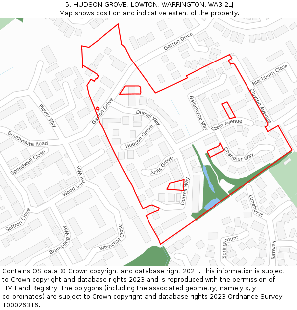 5, HUDSON GROVE, LOWTON, WARRINGTON, WA3 2LJ: Location map and indicative extent of plot
