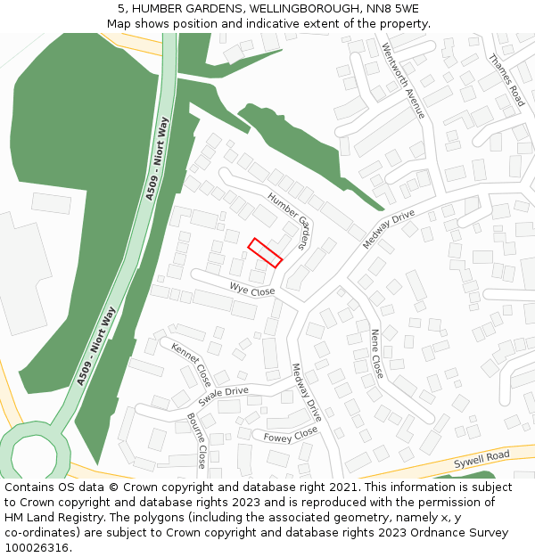 5, HUMBER GARDENS, WELLINGBOROUGH, NN8 5WE: Location map and indicative extent of plot