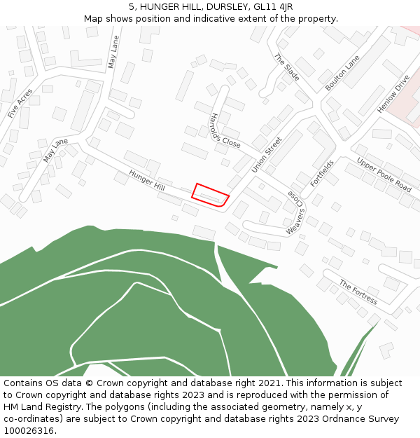 5, HUNGER HILL, DURSLEY, GL11 4JR: Location map and indicative extent of plot