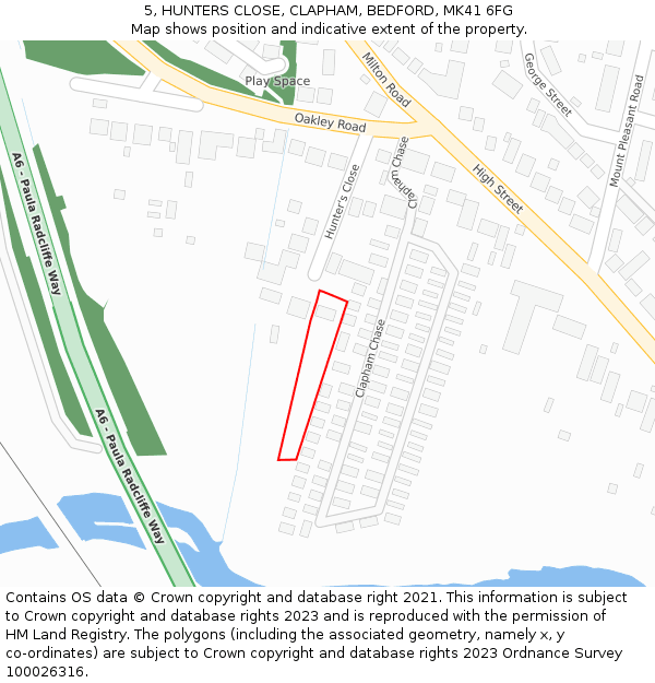 5, HUNTERS CLOSE, CLAPHAM, BEDFORD, MK41 6FG: Location map and indicative extent of plot