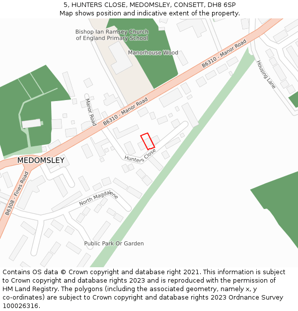 5, HUNTERS CLOSE, MEDOMSLEY, CONSETT, DH8 6SP: Location map and indicative extent of plot