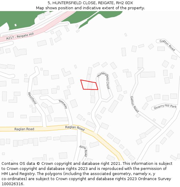 5, HUNTERSFIELD CLOSE, REIGATE, RH2 0DX: Location map and indicative extent of plot