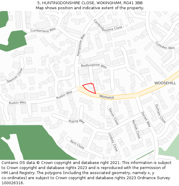 5, HUNTINGDONSHIRE CLOSE, WOKINGHAM, RG41 3BB: Location map and indicative extent of plot
