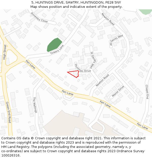 5, HUNTINGS DRIVE, SAWTRY, HUNTINGDON, PE28 5NY: Location map and indicative extent of plot