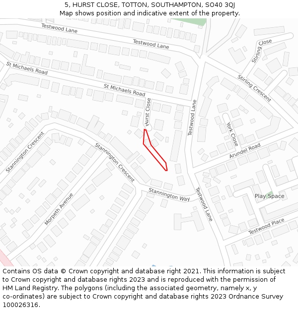 5, HURST CLOSE, TOTTON, SOUTHAMPTON, SO40 3QJ: Location map and indicative extent of plot