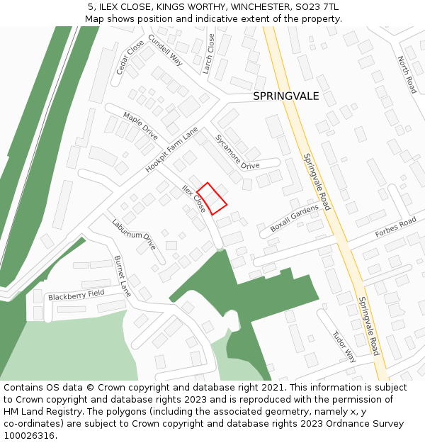 5, ILEX CLOSE, KINGS WORTHY, WINCHESTER, SO23 7TL: Location map and indicative extent of plot