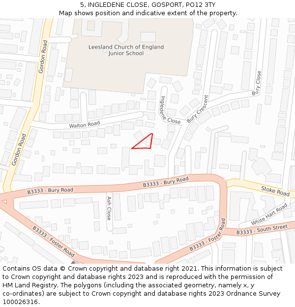 5, INGLEDENE CLOSE, GOSPORT, PO12 3TY: Location map and indicative extent of plot